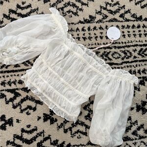 Off-Shoulder Sheer Ruffle Crop Top - White